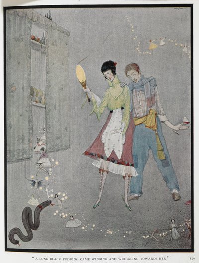 "Um longo pudim preto veio em direção a ela." Uma ilustração para a história "Os desejos ridículos". Harry, um lenhador, e a sua mulher, Fanny, acabam de pedir um desejo por engano. de Harry Clarke