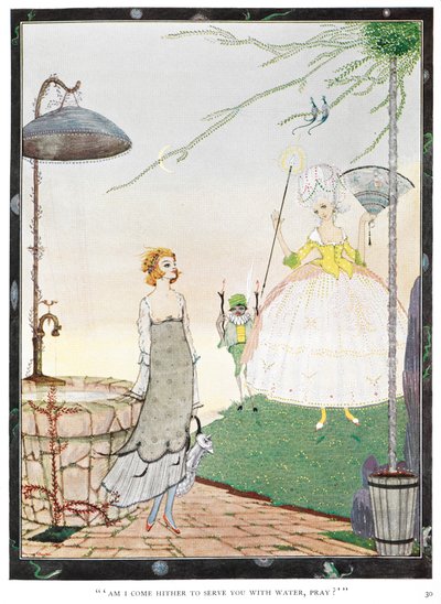 "Vim aqui para vos servir com água, por favor?" Ilustração para a história "A Fada". Uma jovem encontra uma fada com a aparência de uma senhora bem vestida. de Harry Clarke