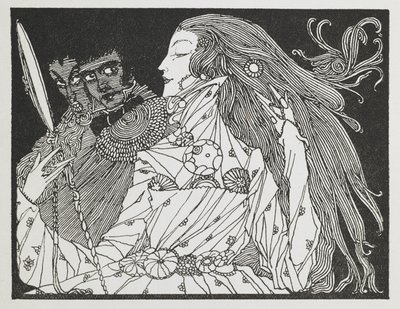 Uma ilustração para a história "Cinderela". Uma mulher a olhar para o seu reflexo num espelho de mão de Harry Clarke