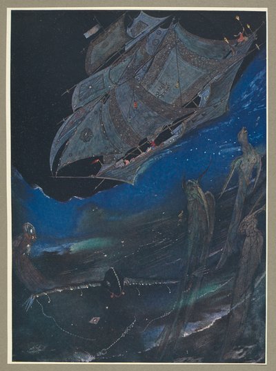 Ilustração de um navio no mar, com peixes por baixo. de Harry Clarke