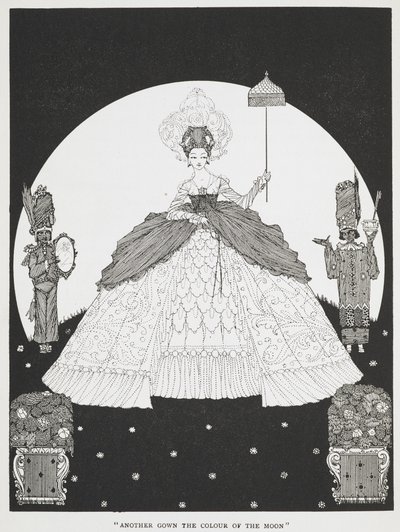 "Outro vestido da cor da lua". Ilustração para a história "Pele de burro". Uma bela princesa segurando um guarda-sol, com dois criados de cada lado. de Harry Clarke