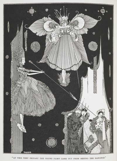 "Nesse preciso momento, a jovem fada saiu detrás das cortinas". Ilustração para a história "A Bela Adormecida no bosque". de Harry Clarke