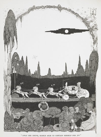 "E lá se foi ela, mal conseguindo conter a sua alegria." Ilustração para a história "Cinderela ou o sapatinho de cristal". de Harry Clarke