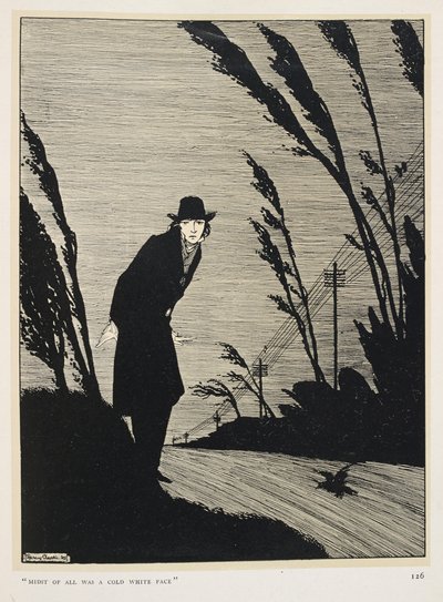 Preto e branco. No meio de tudo, um rosto branco e frio".
Um homem vestido de preto; uma fila de postes telegráficos. de Harry Clarke