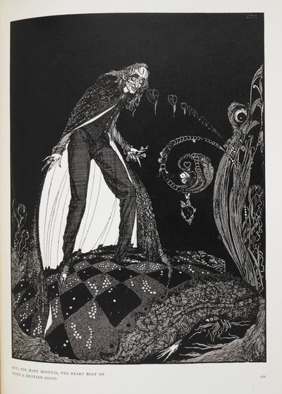 Mas, durante muitos minutos, o coração bateu com um som abafado". Ilustração para o conto "O coração que fala". O narrador a sufocar o velho com a sua própria cama. de Harry Clarke