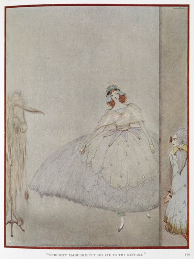 "A curiosidade levou-o a pôr os olhos no buraco da fechadura." Ilustração para a história "Pele de burro". Uma princesa a ser espiada por uma princesa. de Harry Clarke