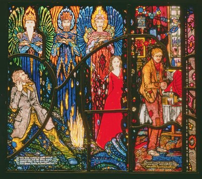 Detalhe da janela de Genebra retratando os Demi Gods por James Stephens e Juno e o Paycock por Sean OCasey, 1929 de Harry Clarke