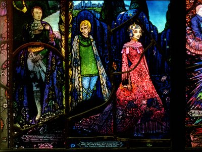 Detalhe da janela de Genebra mostrando os sonhadores por Lennox Robinson (1886-1958) e Condessa Cathleen por WB Yeats (1865-1939) de Harry Clarke