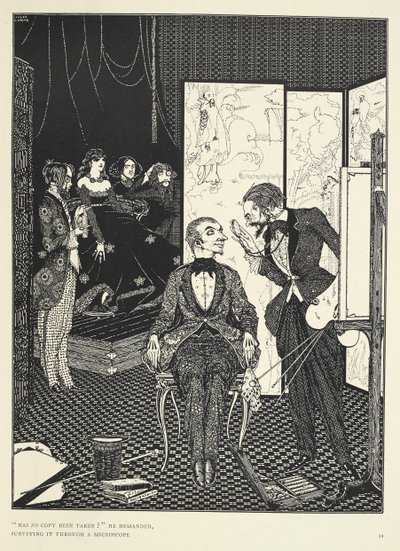 "Não foi tirada nenhuma cópia?", perguntou ele, examinando-a através de um microscópio. Ullustração para a história "O Diabo no Campanário". de Harry Clarke