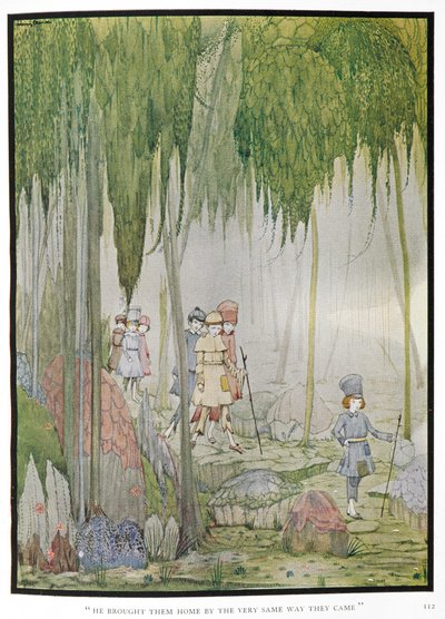 "Ele trouxe-os para casa pelo mesmo caminho por onde vieram." Ilustração para a história "O pequeno polegar". Crianças numa floresta. de Harry Clarke