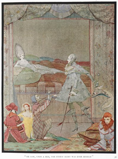 "Ele viu, numa cama, a mais bela visão que jamais se viu." O Príncipe vê a Princesa, "Bela Adormecida", na sua cama. de Harry Clarke