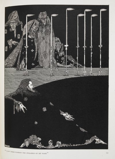 "Eu vi-os moldar as sílabas do meu nome". Ilustração para a história "O poço e o pêndulo". de Harry Clarke