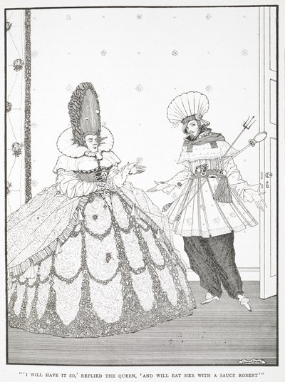 "Assim o farei", respondeu a Rainha, "e comê-la-ei com um Sauce Robert".
Ilustração para a história "A bela adormecida no bosque". de Harry Clarke