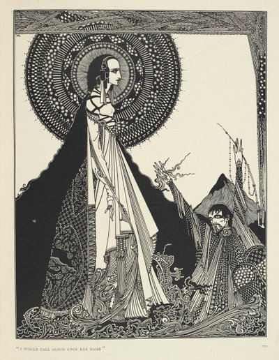"Eu invocaria em voz alta o seu nome.". Ilustração de Ligeia, um conto.
"Ligeia" é um conto de Edgar Allan Poe. A história segue um narrador sem nome e a sua mulher Ligeia, uma mulher bonita e inteligente de cabelo corvo. Ela adoece, compõe "Th de Harry Clarke