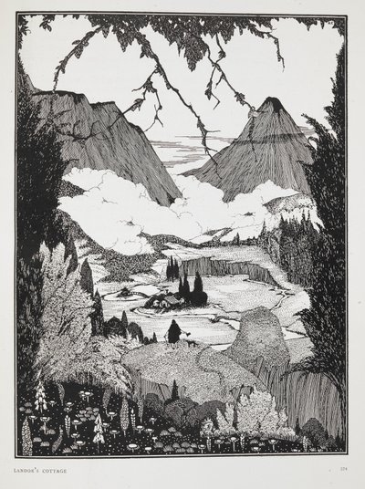 Ilustração para a história "A casa de campo de Landor". Uma paisagem montanhosa. de Harry Clarke