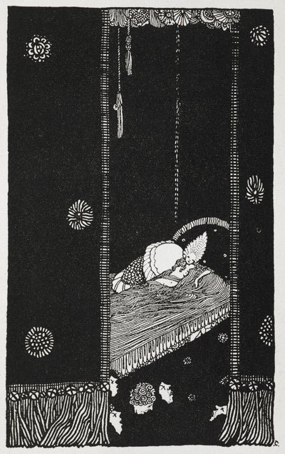 Ilustração para a história "A bela adormecida no bosque". A Bela Adormecida na sua cama. de Harry Clarke