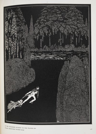 Na sua penosa viagem até à água, os seus medos redobram com ele". Ilustração para a história "O mistério de Marie Roget". de Harry Clarke