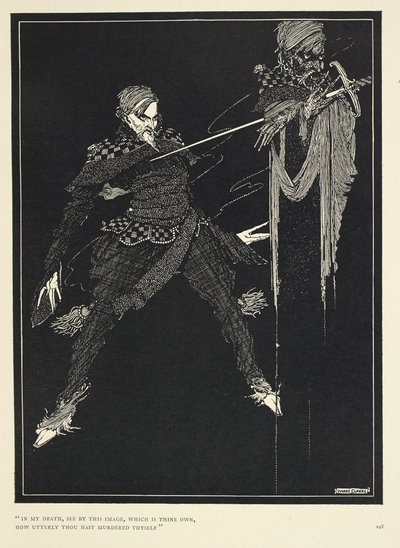 "Na minha morte, vede por esta imagem, que é vossa, como mil pessoas se assassinaram". O duplo do narrador, em "William Wilson", The Gift (1839). de Harry Clarke