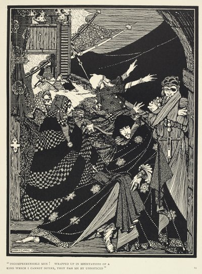 "Homens incompreensíveis! Envolvidos em meditações de um género que não consigo adivinhar, passam-me despercebidos." Ilustração para a história "Menina numa garrafa". de Harry Clarke