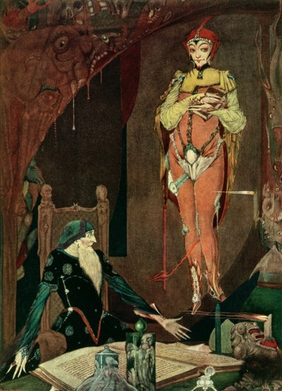 "Há alguma coisa no meu pobre poder para vos servir?", ilustração de Faust de Goethe, traduzida por John Anster de Harry Clarke