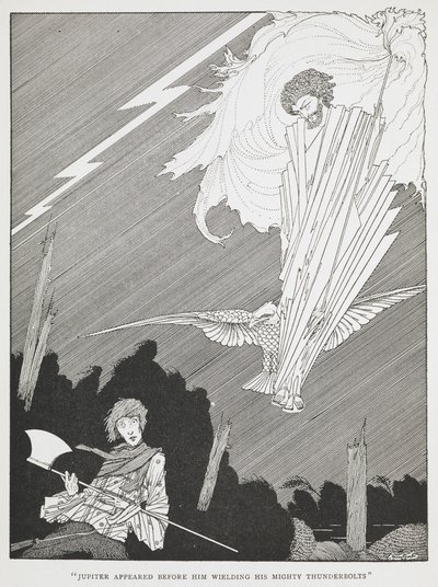 "Júpiter apareceu diante dele empunhando os seus poderosos raios." Ilustração para "os desejos ridículos". de Harry Clarke