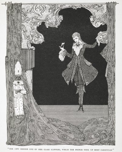 Deixou para trás um dos seus sapatinhos de cristal, que o Príncipe pegou com todo o cuidado". Ilustração para a história Cinderela ou O sapatinho de cristal. de Harry Clarke