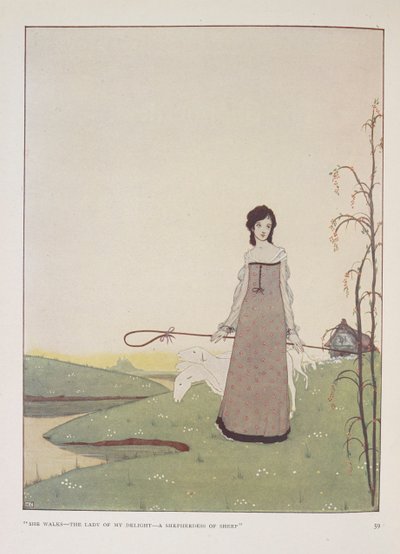 "Ela caminha - a senhora do meu prazer - uma pastora de ovelhas." Ilustração para A pastora, de Alice Meynell. de Harry Clarke