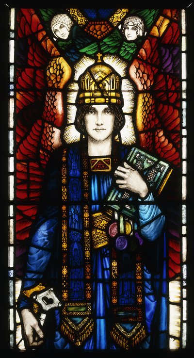 São Pedro ", um painel de vitrais, representando o jovem São Pedro alado usando uma mitra e segurando chaves simbólicas e livro, com um par de anjos presentes, c.1910-13 de Harry Clarke