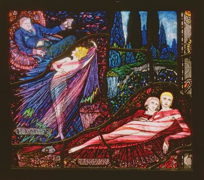 A janela de Genebra retratando o Sr. Gilhooley por Liam OFlaherty e Deirdre por George Russell, 1929 de Harry Clarke