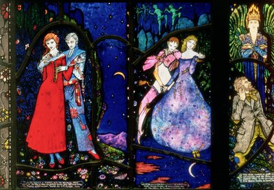 A Janela de Genebra retratando A Playboy do Mundo Ocidental por JM Synge, Os Sonhadores por Seamus OSullivan e Os Deuses Demi por James Stephens, 1929 de Harry Clarke