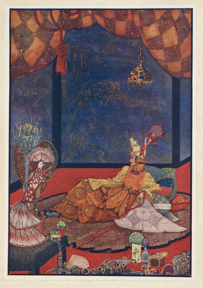 O rouxinol. O pássaro artificial tinha o seu lugar numa almofada de seda perto da cama do Imperador. de Harry Clarke