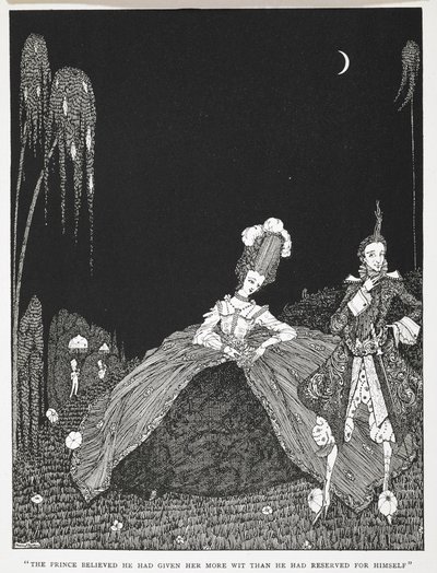 "O Príncipe acreditava que lhe tinha dado mais inteligência do que a que tinha reservado para si." Ilustração para a história "Riquet com o tufo". de Harry Clarke