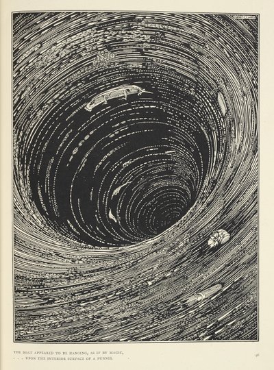 "O barco parecia estar pendurado, ... na superfície interior de um funil de grande circunferência." Ilustração para a história "A Descent into the Maelstrom". de Harry Clarke