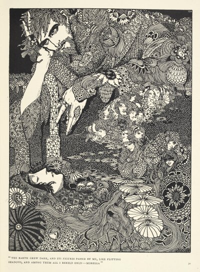 "A terra escureceu e as suas figuras passaram por mim, como sombras esvoaçantes ... Morella." Ilustração para a história 