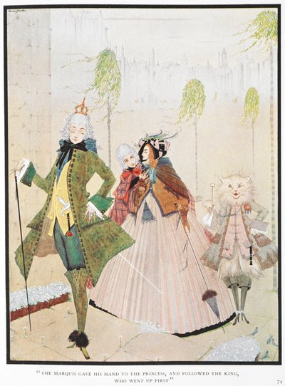 "O marquês deu a mão aos príncipes e seguiu o rei, que subiu primeiro." Ilustração para a história "O gato mestre ou o gatinho de botas". de Harry Clarke