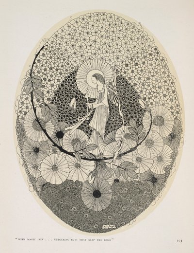 Para a primavera que se aproxima. "Com chave mágica... abrindo botões que guardam as rosas". de Harry Clarke