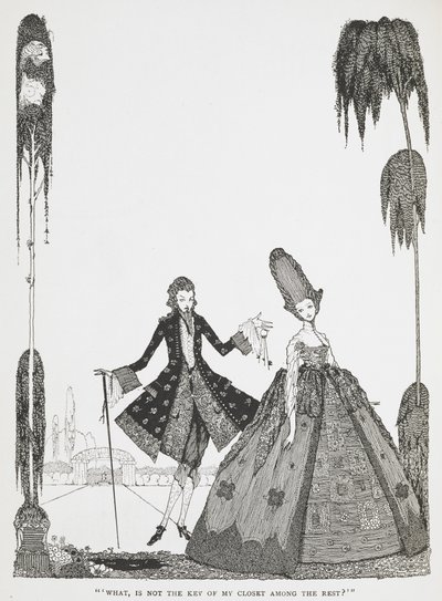 "O quê, a chave do meu armário não está entre as outras?" Ilustração da história "Barba Azul". de Harry Clarke