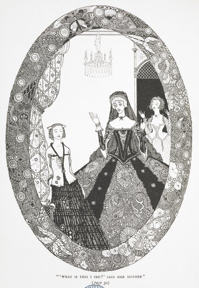 "O que é isto que estou a ver?", disse a mãe. Ilustração para a história "A Fada". de Harry Clarke