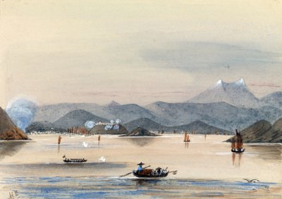 O HMS Tribune encontra o seu caminho no rio Chuenpee, em Cantão (China), com barcos a remos e juncos chineses de Harry Edmond Edgell