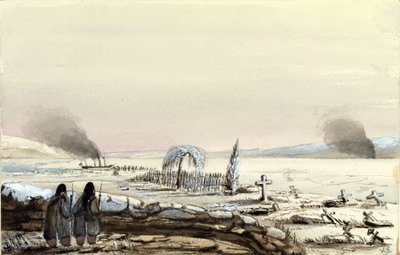O cemitério de Kinburn (Ucrânia, Rússia) 1855. O HMS Tribune a cortar as águas geladas do Dnieper. Pintura do Vice-Almirante Harry Edmund Edgell (1809-1876), aguarela, 1855. de Harry Edmond Edgell