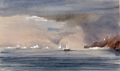 Os icebergues ao largo do Cabo Horn (Chile), com a silhueta do HMS Tribune. Pintura do Vice-Almirante Harry Edmund Edgell (1809-1876), aguarela de 1856. de Harry Edmond Edgell