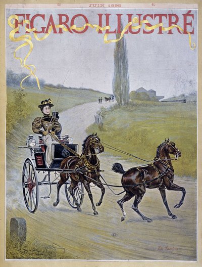 Mulher a conduzir uma carruagem - vaca. em "Figaro Illustrated" de Harry Finney