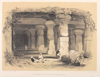 Interior das Grutas de Elephanta (litografia colorida) de Harry Francis Darell