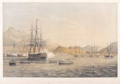 A tomada da Ilha de Chusan pelos britânicos, 5 de Julho de 1840 (litografia colorida) de Harry Francis Darell