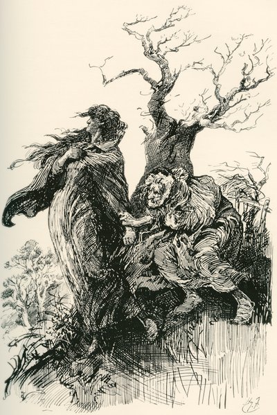 Alice Brown e a sua mãe. "Depois de um quarto de hora de caminhada, a velha mulher, passada e sem fôlego, aventurou-se a segurar pelas suas saias; mas ela não se aventurou mais, e elas viajaram em silêncio através da chuva e da escuridão". Ilustração de Ha de Harry Furniss