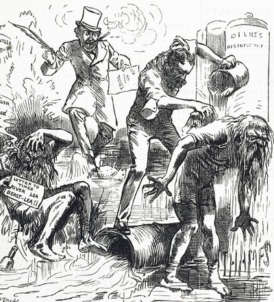 Desenho animado representando os rios Tamisa e Lea Rivers a serem atacados por causa do seu estado imundo de Harry Furniss