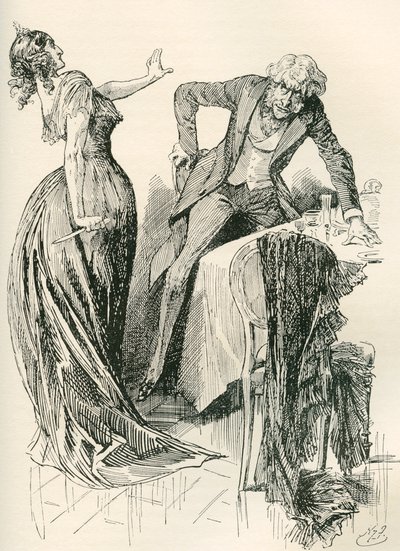 Edith e Mr. Carker. "Ele vinha alegremente na sua direcção, quando, num instante, ela apanhou a faca da mesa, e começou um passo atrás. "Fica quieta", disse ela, " ou eu mato-te!". Ilustração de Harry Furniss para o romance de Charles Dickens de Harry Furniss