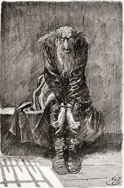 Fagin na Cela Condenada. "Sentou-se num banco de pedra em frente à porta, que servia de assento e de cama, e lançando os seus olhos de sangue sobre o grond, tentou recolher os seus pensamentos. "Ilustração de Harry Furniss para o romance de Charles Dickens de Harry Furniss