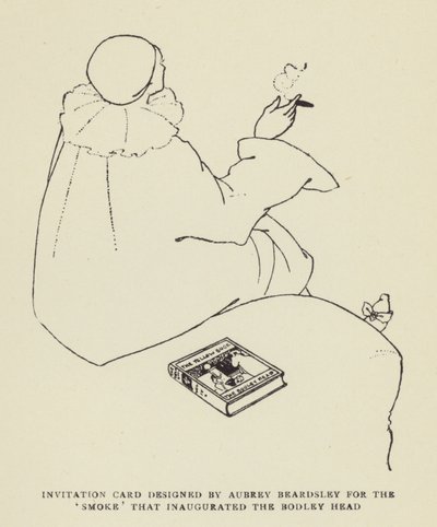 Cartão de convite projetado por Aubrey Beardsley para a fumaça que inaugurou a cabeça de Bodley de Harry Furniss