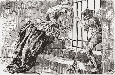 Lady Dedlock e Jo. "Ele foi lá colocado", diz Jo, agarrado às barras e olhando para dentro, enquanto a Lady Dedlock encolhe num canto. Ilustração de Harry Furniss para o romance Charles Dickens Bleak House, de The Testimonial Edition, publicado em 1910. de Harry Furniss